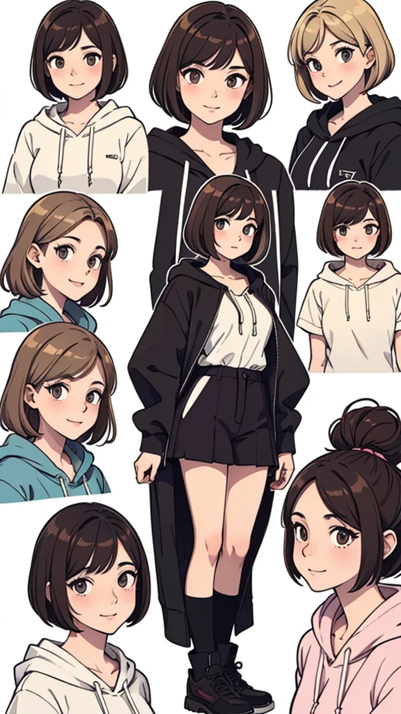 (((masterpiece, best quality, ultra highres, 1 girl, solo, no background))), super detailed skin and face and eyes and finger, beautiful japanese woman, small breasts:1.5, skinny, light brown hair, white background, very short pixie hair, cowboy shot, Generate with illustrations, Various expressions, Various poses, Please draw the entire character within the frame, ensuring that the head, arms, and legs are not cut off. The background should be simple, with the character positioned centrally, outline, anime, 2d, boyish, expressionless, relax, spraw, big clothes, baggy clothes, comfortable clothes, hoodie,