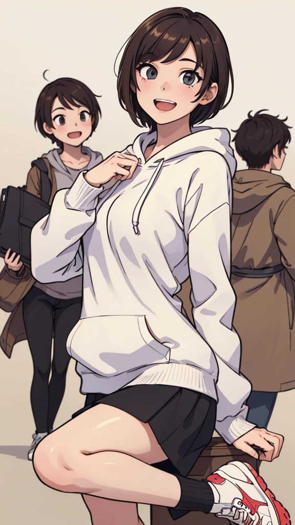 (((masterpiece, best quality, ultra highres, 1 girl, solo, no background))), super detailed skin and face and eyes and finger, beautiful japanese woman, small breasts:1.5, skinny, light brown hair, white background, very short pixie hair, (an illustration of girl), Knee shot, Generate with illustrations, Various expressions, Various poses, Please draw the entire character within the frame, ensuring that the head, arms, and legs are not cut off. The background should be simple, with the character positioned centrally, outline, anime, hoodie, laugh, boyish,