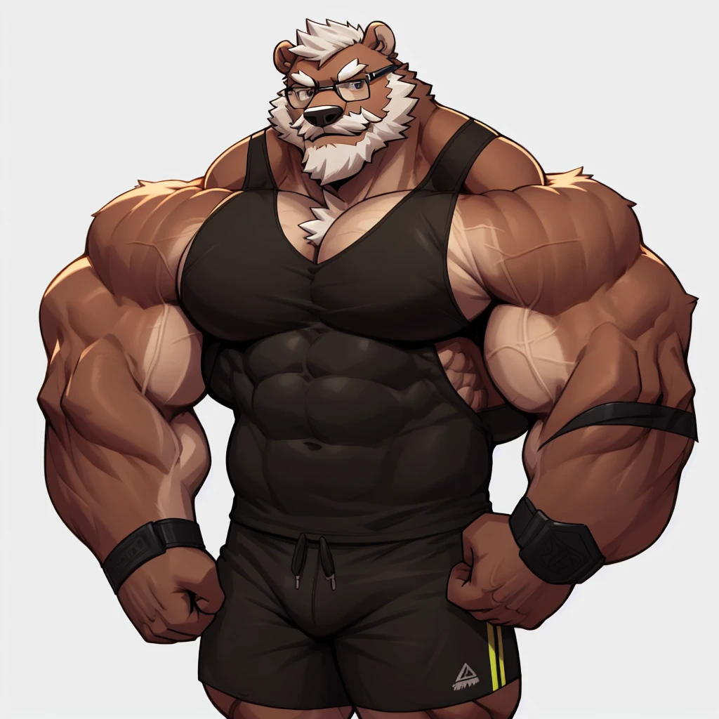 solo, 1boy, Huge Muscular Old Grizzly Bear wearing glasses , pectoral, huge pectoral, wide pectoral, short white hair, short pants, black wristbands and black tank top , bearded, Mustache, simple background, masterpiece, high detailed, 8k, high resolution, at the gym, flexes huge muscles