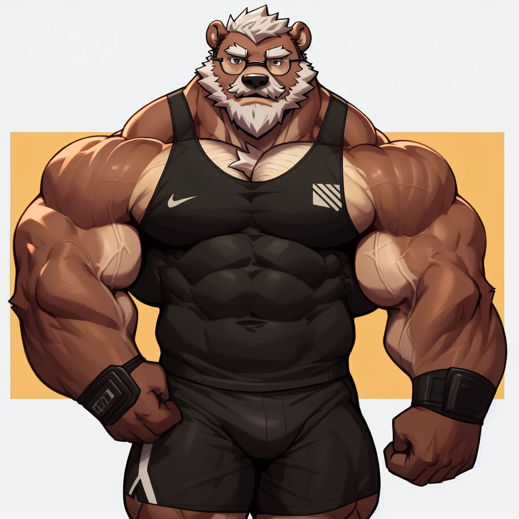 solo, 1boy, Huge Muscular Old Grizzly Bear wearing glasses , pectoral, huge pectoral, wide pectoral, short white hair, short pants, black wristbands and black tank top , bearded, Mustache, simple background, masterpiece, high detailed, 8k, high resolution, at the gym, flexes huge muscles