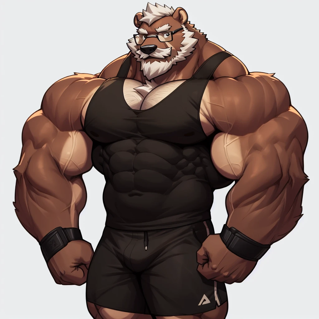 solo, 1boy, Huge Muscular Old Grizzly Bear wearing glasses , pectoral, huge pectoral, wide pectoral, short white hair, short pants, black wristbands and black tank top , bearded, Mustache, simple background, masterpiece, high detailed, 8k, high resolution, at the gym, flexes huge muscles