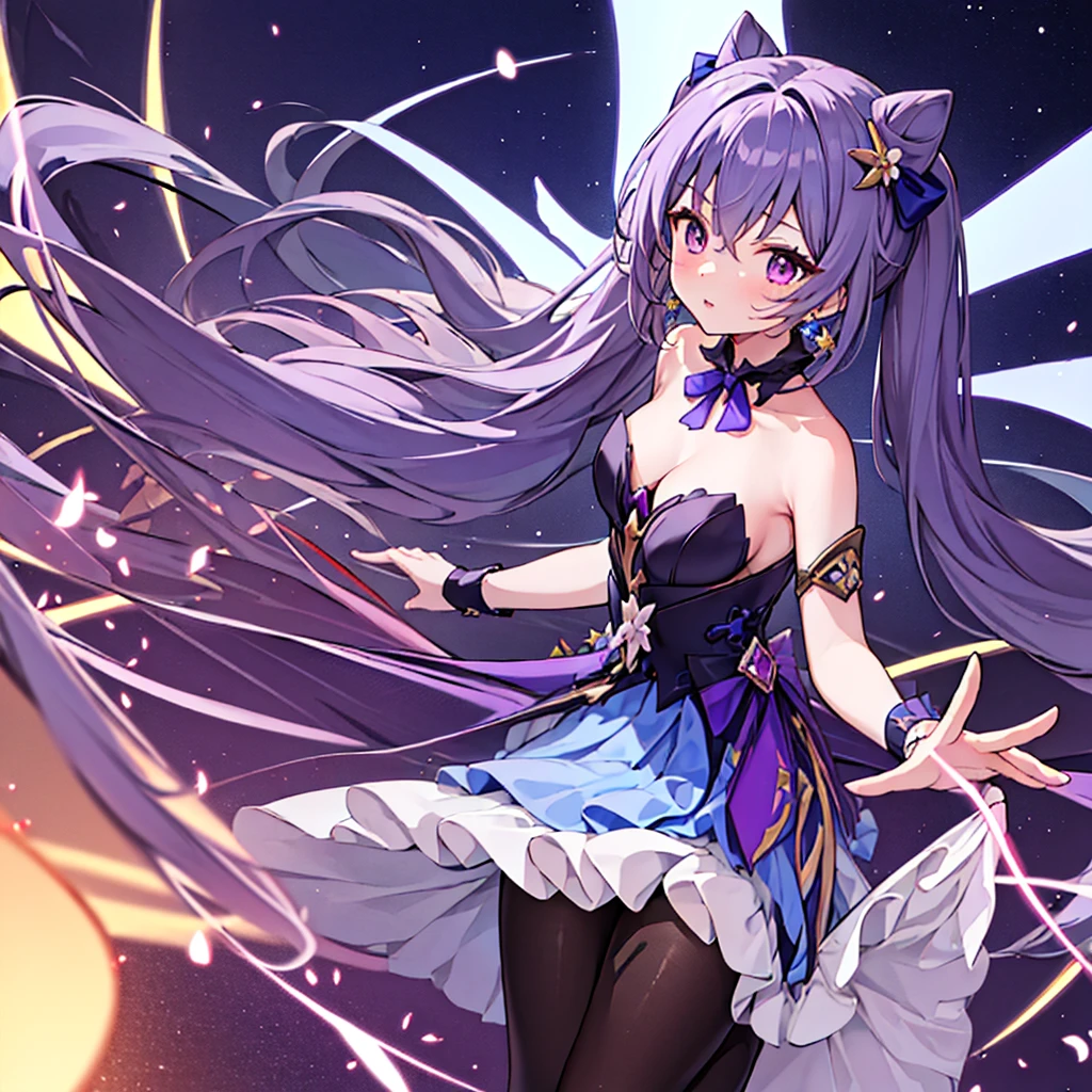 ((masterpiece8k)), ((Best Quality)), (Ultra-detailed), Anime style, Cute , 1girl in, Solo, Detailed background, 1 person, long hair, purple eyes, star in sight , Strapless top, long skirt