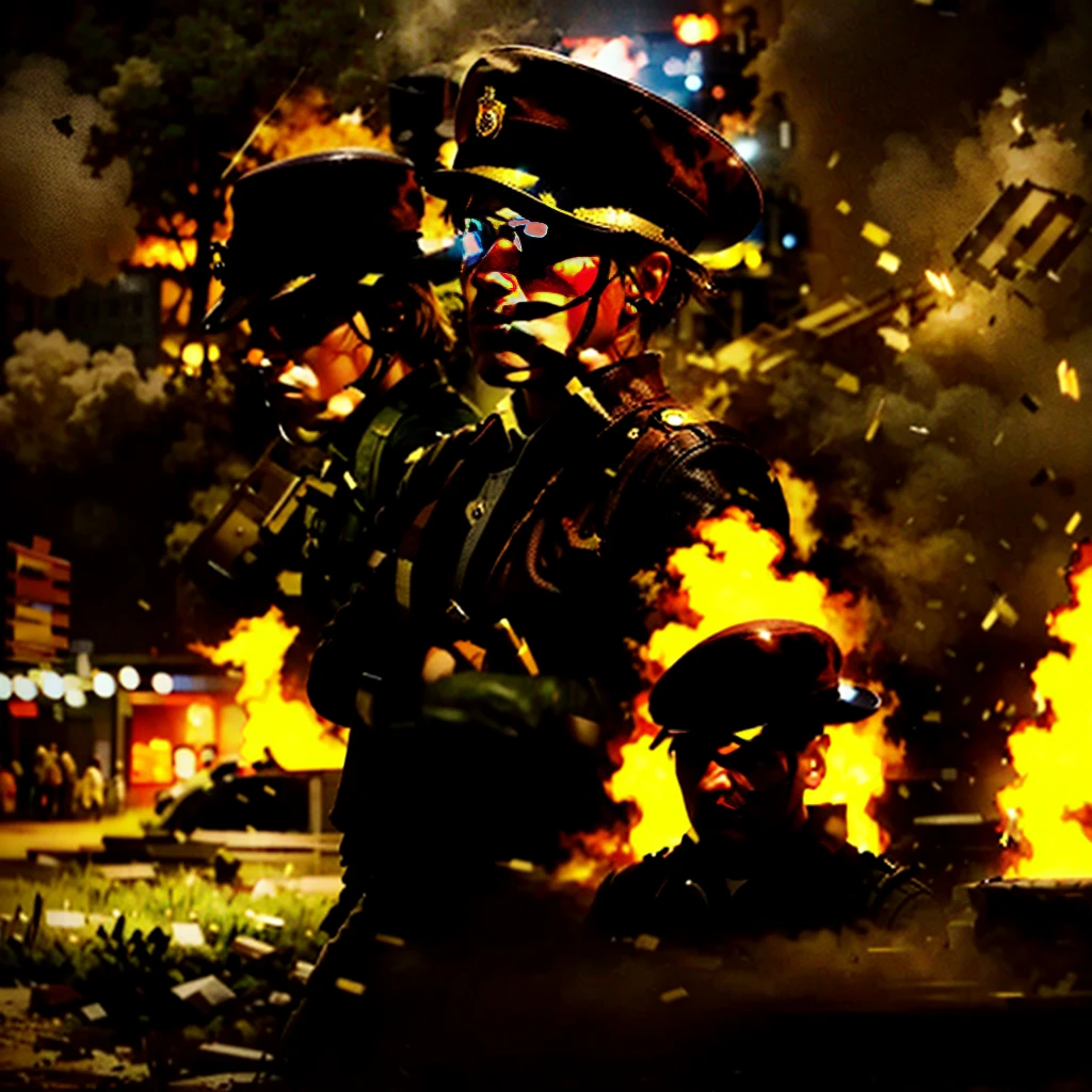 /imagine prompt: Realistic, personality: illustrate three soldiers in brown uniforms engaged in a fierce battle. Soldier one has short-cropped hair, soldier two is wearing a round hat, and soldier three has side bangs. The background shows a city engulfed in flames from enemy attacks, creating a chaotic and intense atmosphere. Capture the urgency and determination on the soldiers' faces as they fight for survival generated image promptunreal engine, hyper real --q 2 --v 5.2 --ar 16:9