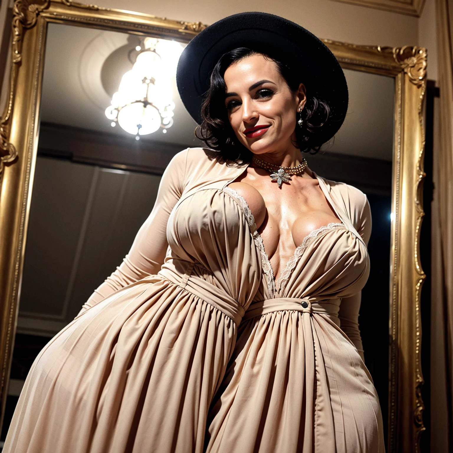 Lisa Ann, realistic,beautiful mature woman,looking at viewer,perfect lighting,(full body,standing,wide shot), lady dimitrescu,(wearing a beige dress),indoors castle background,large black hat, necklace,short hair,black flower on chest,red lips, amber eyes,pale skin,smile, milf, mature female, large breasts, plump