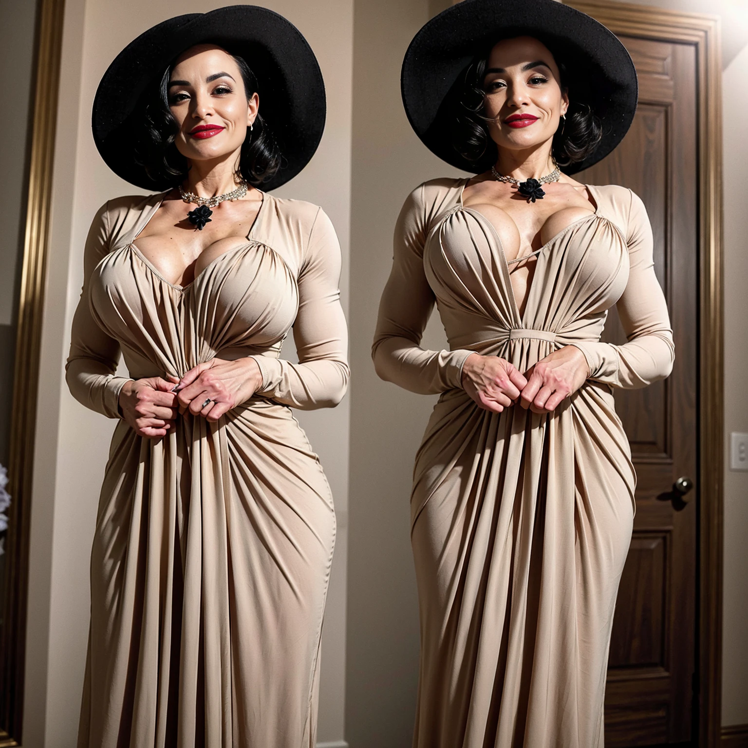 Lisa Ann, realistic,beautiful mature woman,looking at viewer,perfect lighting,(full body,standing,wide shot), lady dimitrescu,(wearing a beige dress),indoors castle background,large black hat, necklace,short hair,black flower on chest,red lips, amber eyes,pale skin,smile, milf, mature female, large breasts, plump