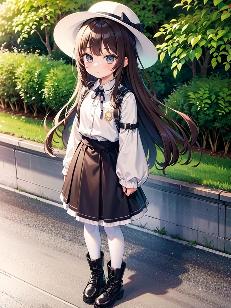 Highest quality, detailed, High resolution, Perfect Face, Long wavy brown hair, Standing outdoors, girl, She wears a long skirt, Wearing white pantyhose, She wears boots, Sharp focus, whole body, Wearing a white hat