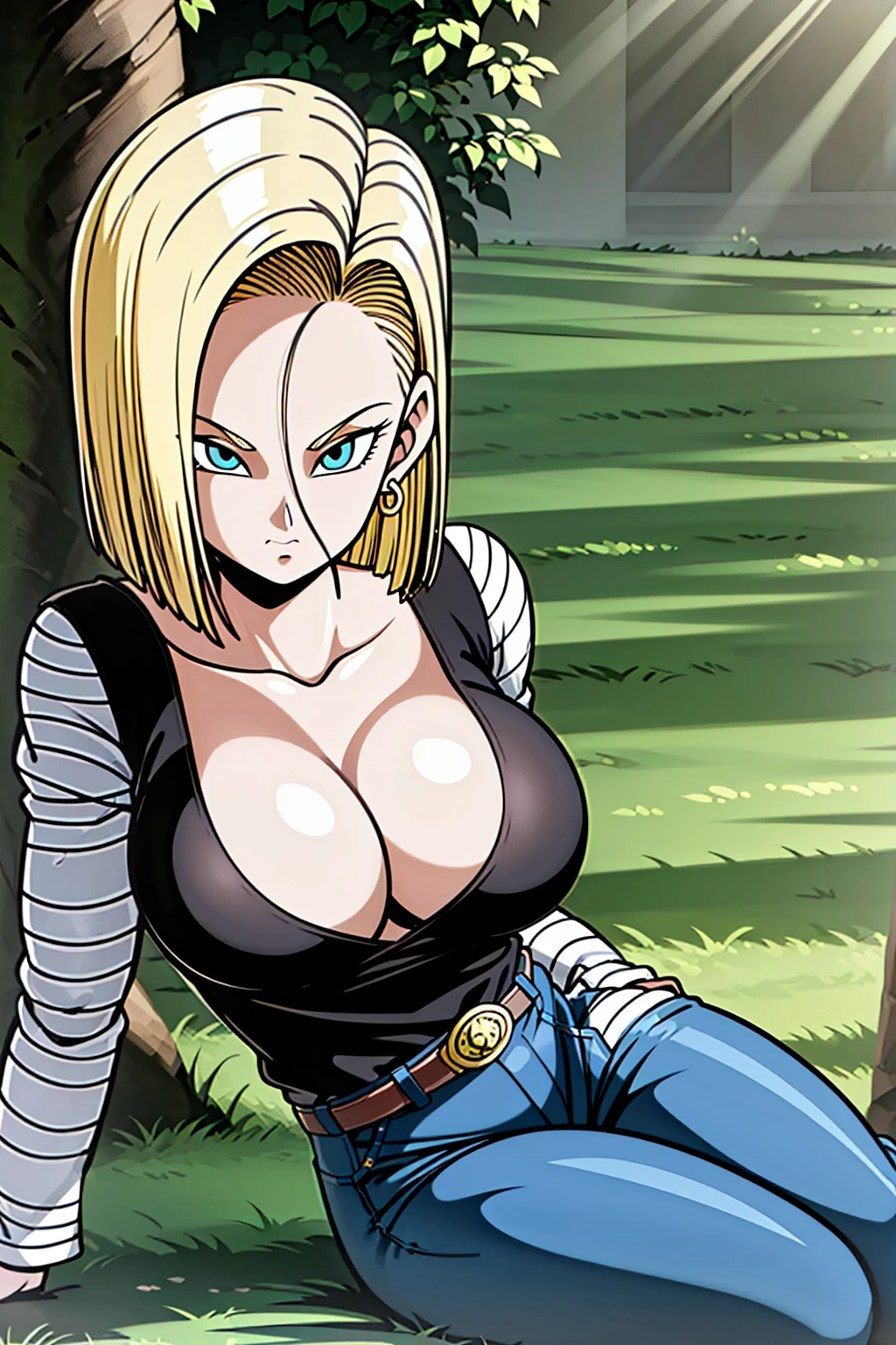 masterpiece, Detailed face,
Android 18, Buu Saga, , One girl, alone, View your viewers, short hair, blue eyes, Blonde, clavicle,
Field, wood,((Huge :1.2)),Cleavest, Upper Body, lying on Field, Hovering,
Hollow,
Black Shirt, Long sleeve, Striped sleeves, Hoop Earrings, shoes, オレンジ色のshoes下, belt, High waist pants,