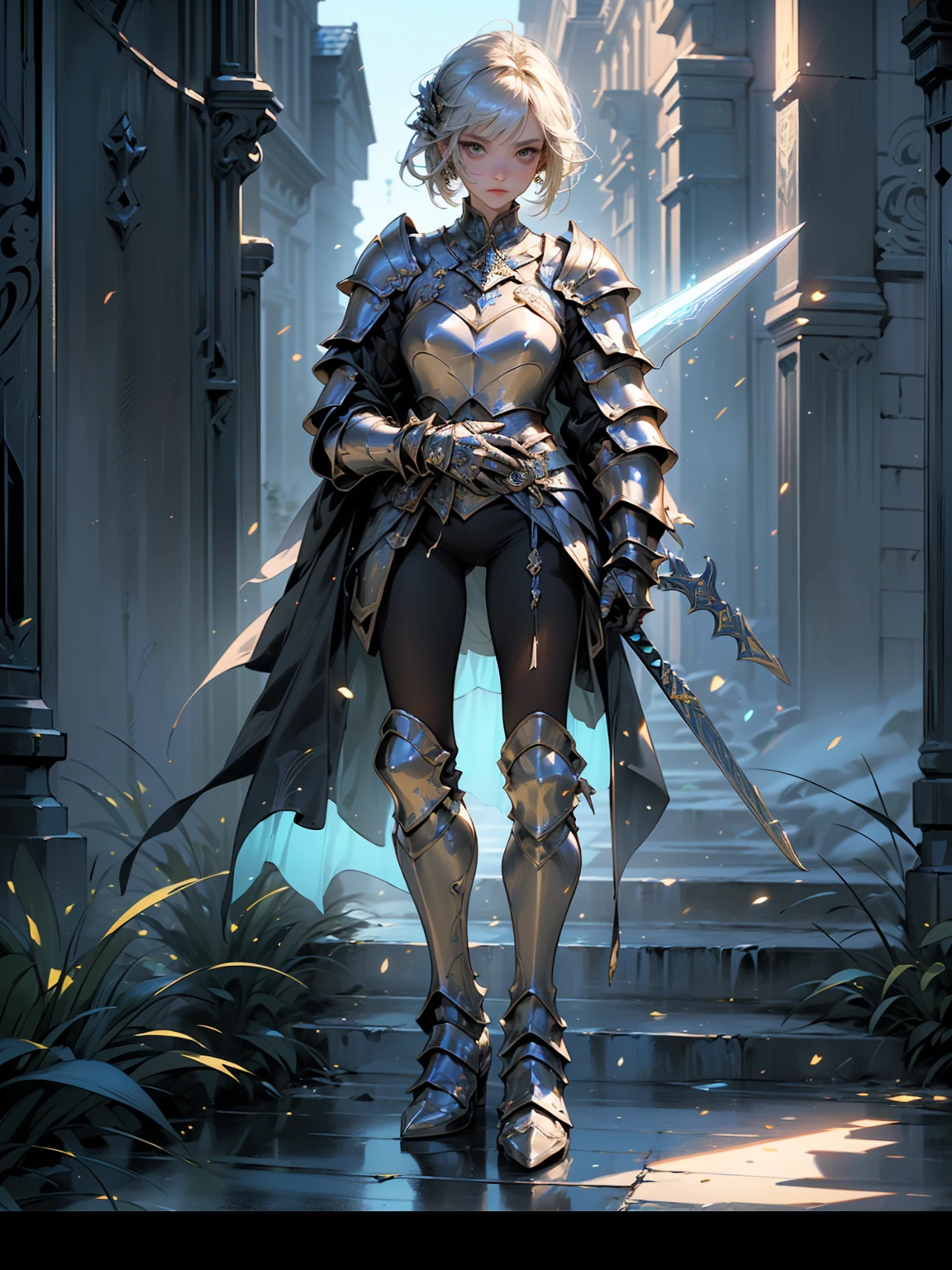 (((masterpiece, best quality, high detailed, 8k))) Design a layout showcase Gaming character, (1girl). Black|Gold full body armor, stylish and unique. ((showcase weapon:1.4)), dark scythe. (masterpiece:1.2), (best quality), 4k, ultra-detailed. (Step by step design, layout art:1.5), (luminous lighting, atmospheric lighting). necromancer, ((glove full hands)), (((revealing armor:1.3))), vambraces, armored legwear, (((full_body_shot:1.4))). {In a haunted graveyard}.