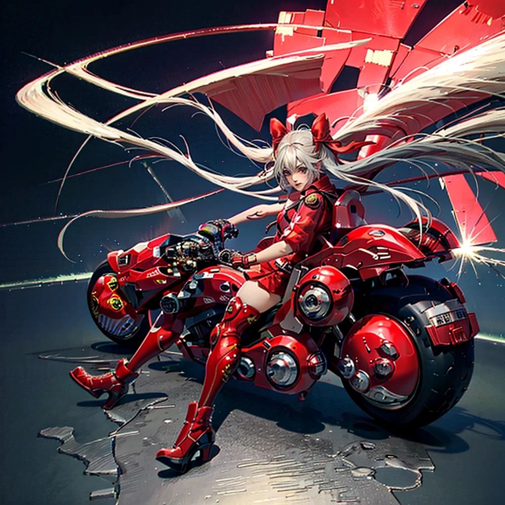 official art, unity 8k wallpaper, ultra detailed, beautiful and aesthetic, masterpiece, best quality, realistic, horns, blush, long hair, white hair, streaked hair, red eyes, hair bow, mole under eye,  red akirabike, riding bike, night, cyberpunk city view, epic screen, ,