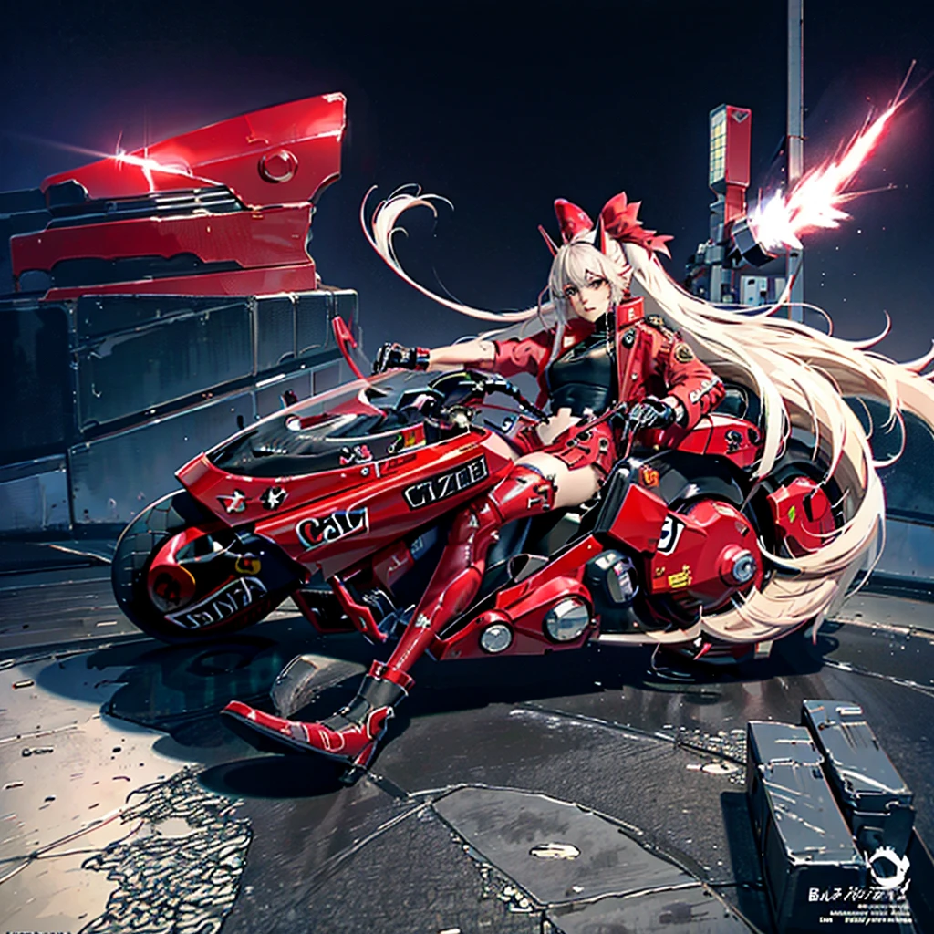 official art, unity 8k wallpaper, ultra detailed, beautiful and aesthetic, masterpiece, best quality, realistic, horns, blush, long hair, white hair, streaked hair, red eyes, hair bow, mole under eye, red akirabike, riding bike, night, cyberpunk city view, epic screen, ,