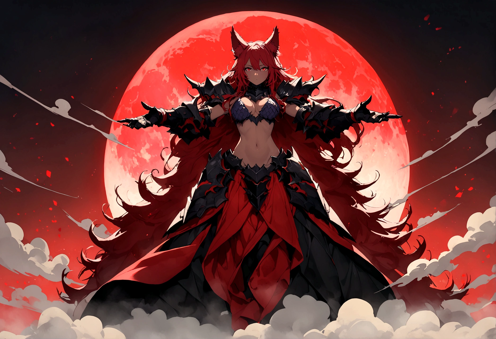 長い髪を持つbeautifulアニメ風の女性,(((Red Hair)))Long Wavy Hair,Transparent Hair,(((Highest quality)))Evil Eye,Frowning face,Extreme beauty,(((Red eyes))),Arrogant beauty,(((A well-defined, glamorous body)))((Huge bust))Tight waist,(((Bikini Armor)))黒色と赤色の際どいBikini Armorを着たExtreme beauty,(Beast Bone Armor),Wolf Ears,Wolf's Tail,((Extreme Armor)),((Armor that exposes the chest and navel)),Tan Skin,beautiful,(((swordsman pose))),(((detailed)))Full Body Shot,scar,無数のscar,(((background)))fog,Red Moon,Countless mountains,Dark steppe。