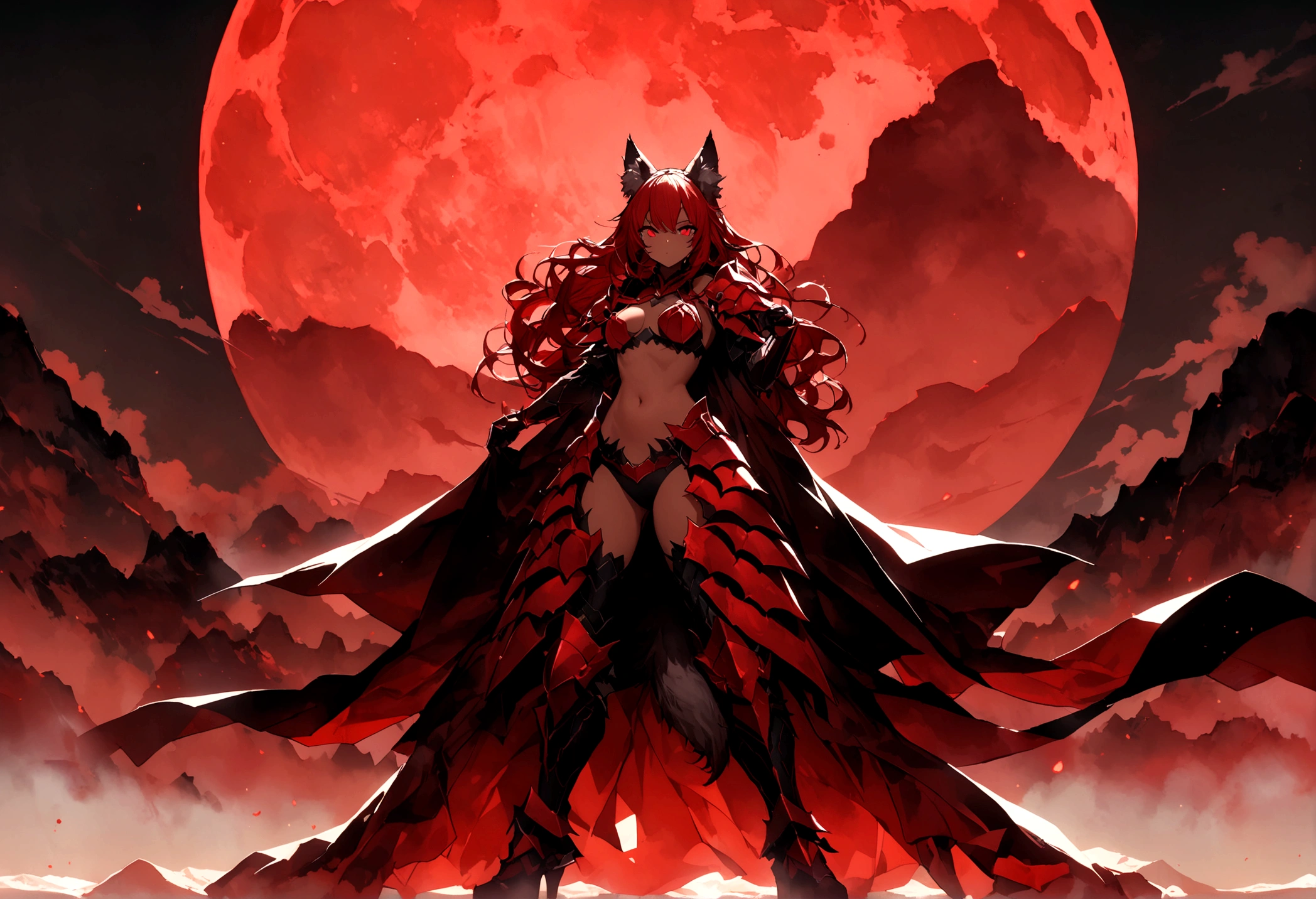 長い髪を持つbeautifulアニメ風の女性,(((Red Hair)))Long Wavy Hair,Transparent Hair,(((Highest quality)))Evil Eye,Frowning face,Extreme beauty,(((Red eyes))),Arrogant beauty,(((A well-defined, glamorous body)))((Huge bust))Tight waist,(((Bikini Armor)))黒色と赤色の際どいBikini Armorを着たExtreme beauty,(Beast Bone Armor),Wolf Ears,Wolf's Tail,((Extreme Armor)),((Armor that exposes the chest and navel)),Tan Skin,beautiful,(((swordsman pose))),(((detailed)))Full Body Shot,scar,無数のscar,(((background)))fog,Red Moon,Countless mountains,Dark steppe。
