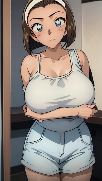 Looking into the camera、When I Look at You、lookatviewer、Anime Style、Eroge、1 Girl, (Huge breasts:1.3), (Wear a tight white camisole、Thin Strap Camisole)、Low Angle、Brown haired, hair band、Bob Hair、The forehead is visible、blush,