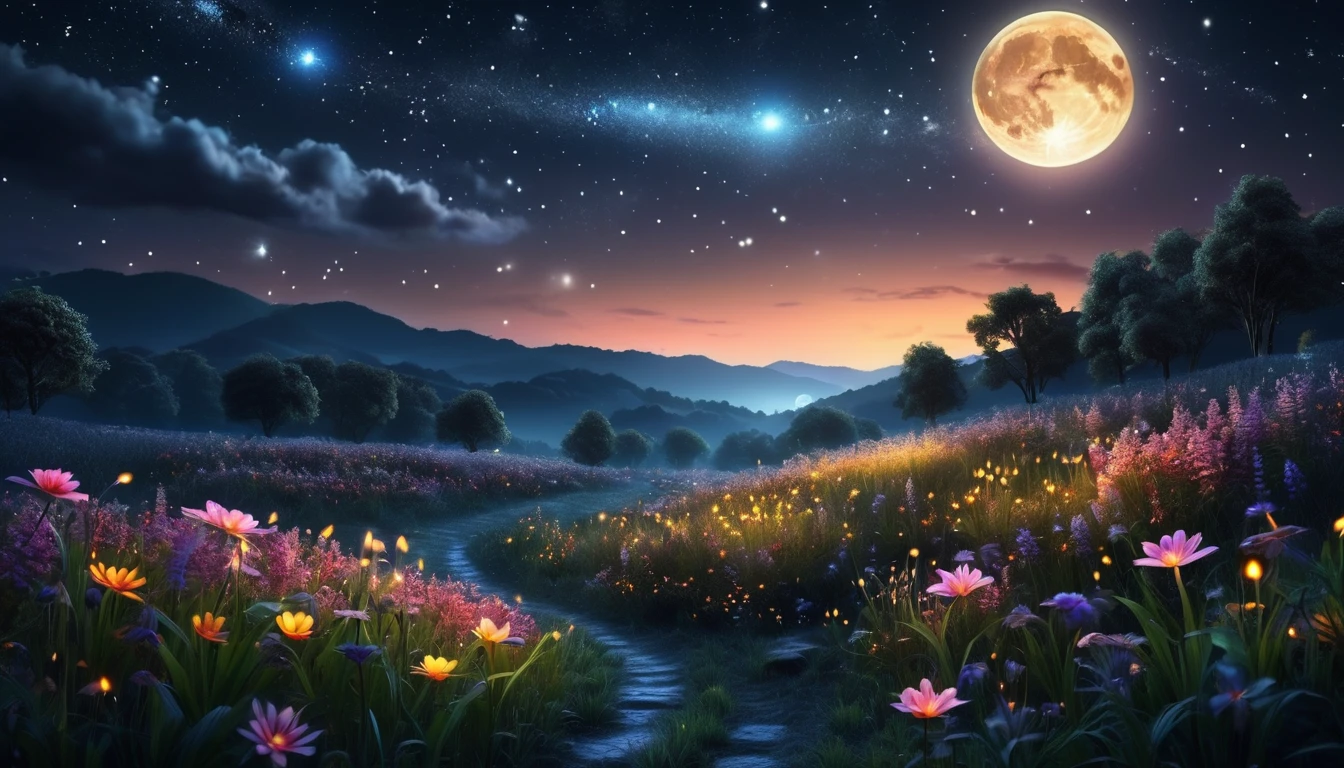 Prompt: landscape, moonlight, night time, stars, fireflies, flowers. night time, magical, fantasy, mythical, 4k, 8k, extremely clear, masterpiece, field of depth, hdr, detailed, hyper quality, vibrant, sharp focus, good composition, vivid, bright colors, high contrast,