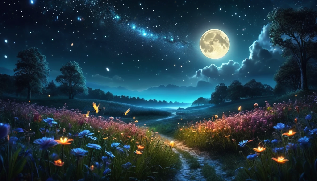 Prompt: landscape, moonlight, night time, stars, fireflies, flowers. night time, magical, fantasy, mythical, 4k, 8k, extremely clear, masterpiece, field of depth, hdr, detailed, hyper quality, vibrant, sharp focus, good composition, vivid, bright colors, high contrast,