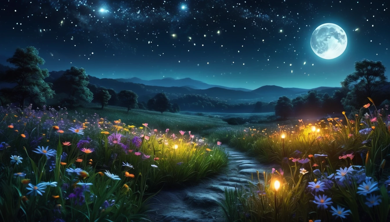 Prompt: landscape, moonlight, night time, stars, fireflies, flowers. night time, magical, fantasy, mythical, 4k, 8k, extremely clear, masterpiece, field of depth, hdr, detailed, hyper quality, vibrant, sharp focus, good composition, vivid, bright colors, high contrast,