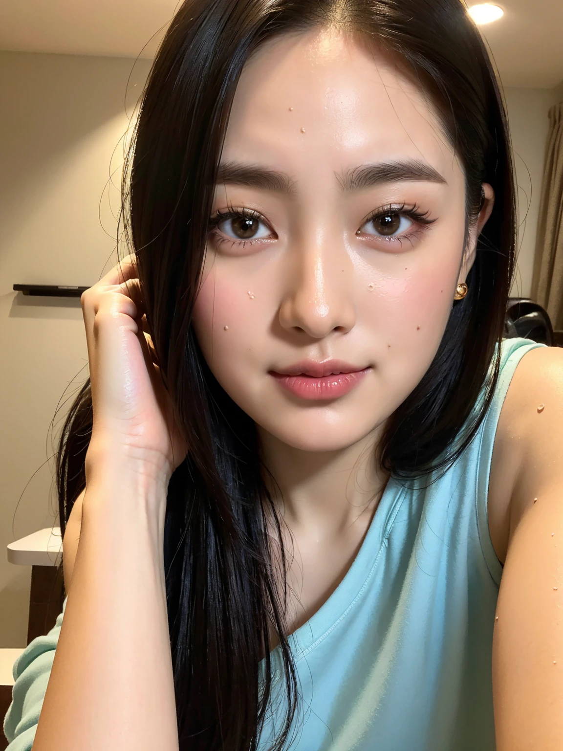 (Tabletop:1.3), (8K, Realistic, RAW Photos, Highest quality: 1.4), Japanese, (One Girl), Beautiful Face, (Realistic Face), (Black Hair), Beautiful hairstyle, Realistic eyes, Beautiful attention to detail, (Realistic Skin), Beautiful Skin, Charm, Ultra-high resolution, Surreal, Very detailed, Golden Ratio,.)、One girl、cute、Laughter、Mouth closed、Beautiful details、Beautiful nose down to the last detail、Esbian all over、Wet your hair、Giant Dalcefo、pork、、Thighs Thighs Thighs Thighs,Upper Body