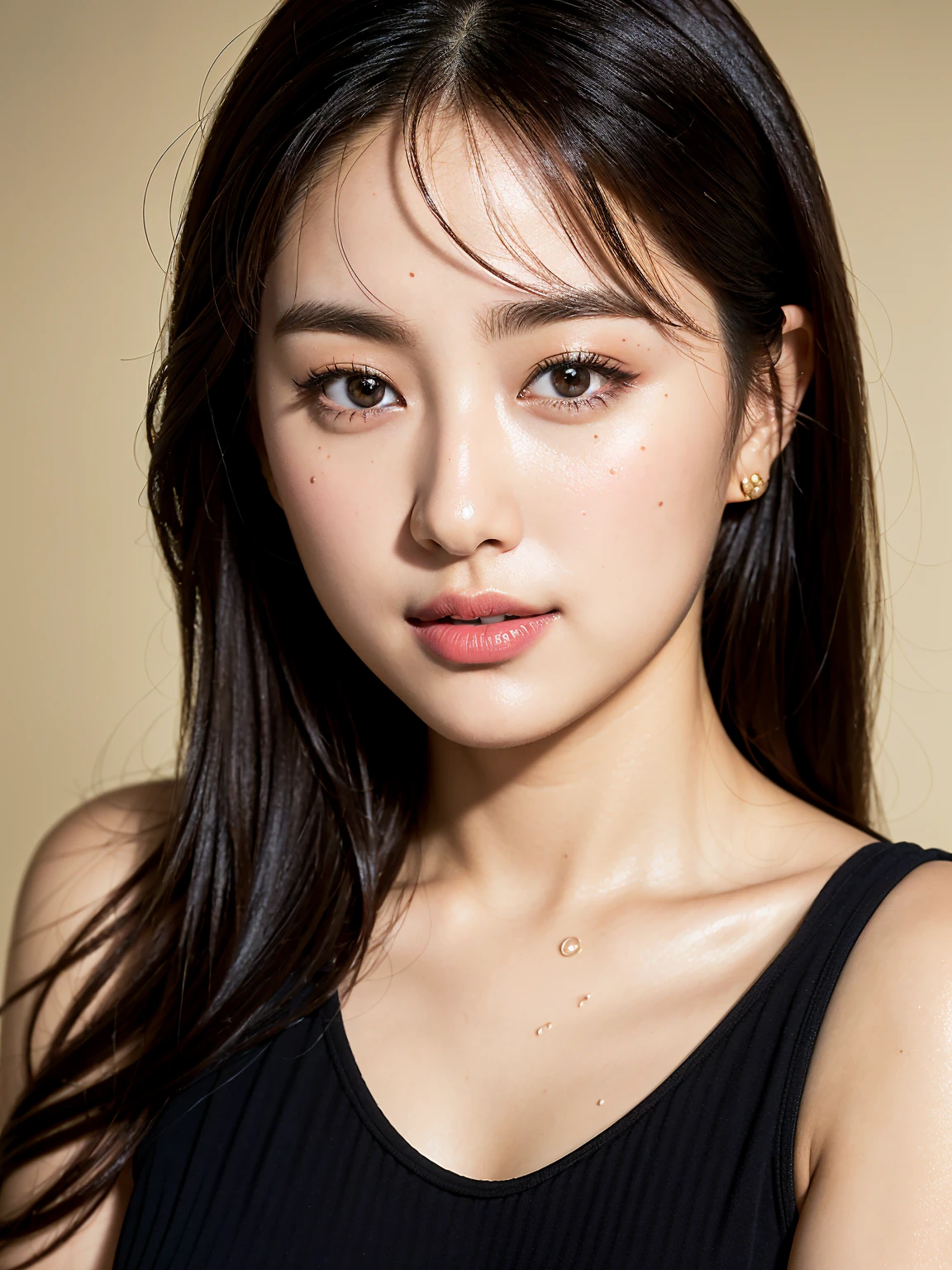 (Tabletop:1.3), (8K, Realistic, RAW Photos, Highest quality: 1.4), Japanese, (One Girl), Beautiful Face, (Realistic Face), (Black Hair), Beautiful hairstyle, Realistic eyes, Beautiful attention to detail, (Realistic Skin), Beautiful Skin, Charm, Ultra-high resolution, Surreal, Very detailed, Golden Ratio,.)、One girl、cute、Laughter、Mouth closed、Beautiful details、Beautiful nose down to the last detail、Esbian all over、Wet your hair、Giant Dalcefo、pork、、Thighs Thighs Thighs Thighs,Upper Body