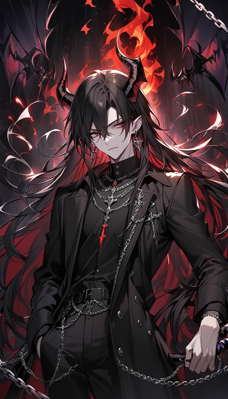 alone, good looking, 1 male, Long hair, Middle parted, Black hair, Red eyes, Black shirt, White Thailand, Black Trench Coat, Royal Silver Jewellery, Royal Demon Earrings, Black horns, Demon Crown, Demonic Katana, Chain, On Back, Demonic Black flames Aura, vtuber Character Design sheet