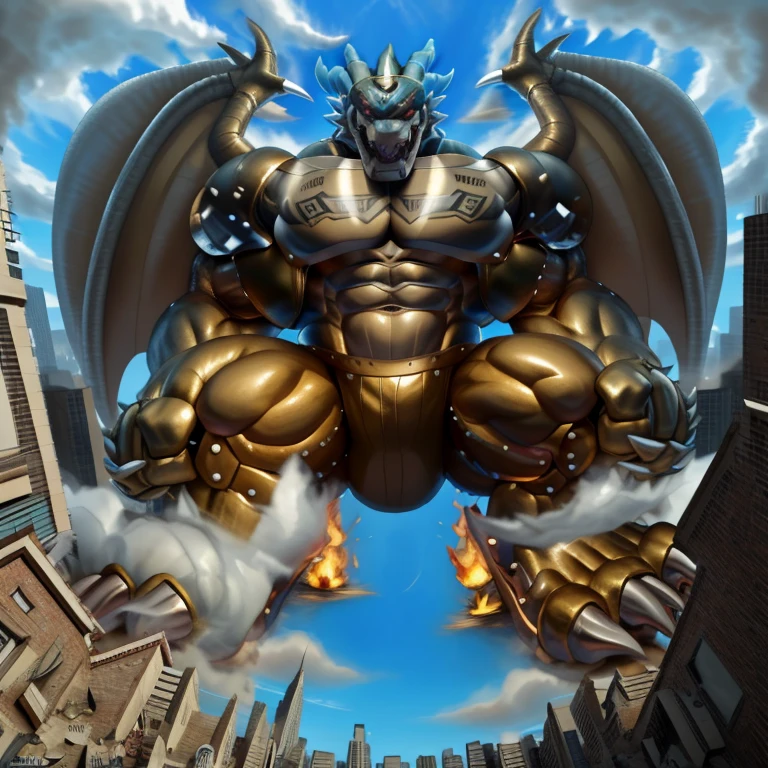 (Solo. masterpiece. official art. 8k. best quality. detailed full body. full body.)
(situation 1 : dominating exveemon. exveemon is over 1000 meters long. focus GIANT mechanical Muscular exveemon is trampling the city. Looking down. macro. stomp. Low-angle perspective. emphasizing the immense size. He is much bigger than a skyscraper. Giga Giants. looking down. foot focus, (soles:1.2))

(situation 2 :smoke and flames rising from the destruction in the city)

(Additional details 1: wearing a full-face helmet. golden armor. Armored Flazzard. Armored_Flazzard. high-tech bio-mecha armor. real texture material. whole body shines like metal.). 

(Additional details 2: (Detailed head. Detailed Body. Detailed abs. gigantic muscles. HYPER MUSCLES. Gigachad Muscular. big muscle. pecs. triceps. traps. unusually developed muscular body. body full of huge muscles. showing off muscles. pectorales enormes. Exaggeratedly huge muscles. huge muscles. long legs.).

(Additional details 3: Spread wings. It has wings. have big wings. The claws are sharp. Sharp teeth).