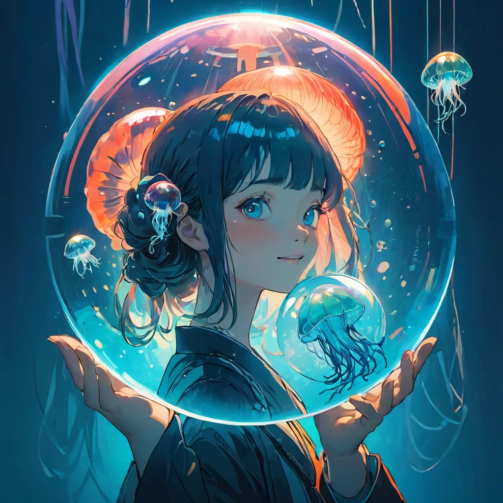 finely detailed illustration, vibrant color,High resolution、８ｋ、pretty girl、One beautiful girl、fullbody to to the toe, happy smile、Perfect and detailed eye drawing、Highest quality、masterpiece、detailed eye and face, A person holding a glass ball with a jellyfish inside, Hologram by Beeple, Trending on CGSociety, magical realism, Cyberpunk Jellyfish, Cyberpunk Blue Lens Effect, Jellyfish Shrine Maiden, Digital Artレンダリング, Artem Demra Beeple, Spectacular concept art. Bokeh, Digital Art
