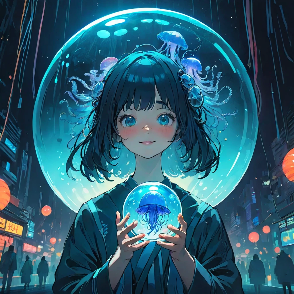 finely detailed illustration, vibrant color,High resolution、8k、pretty girl、One beautiful girl、fullbody to to the toe, happy smile、Perfect and detailed eye drawing、Highest quality、masterpiece、detailed eye and face, A person holding a glass ball with a jellyfish inside, Hologram by Beeple, Trending on CGSociety, magical realism, Cyberpunk Jellyfish, Cyberpunk Blue Lens Effect, Jellyfish Shrine Maiden, Digital Artレンダリング, Artem Demra Beeple, Spectacular concept art. Bokeh, Digital Art