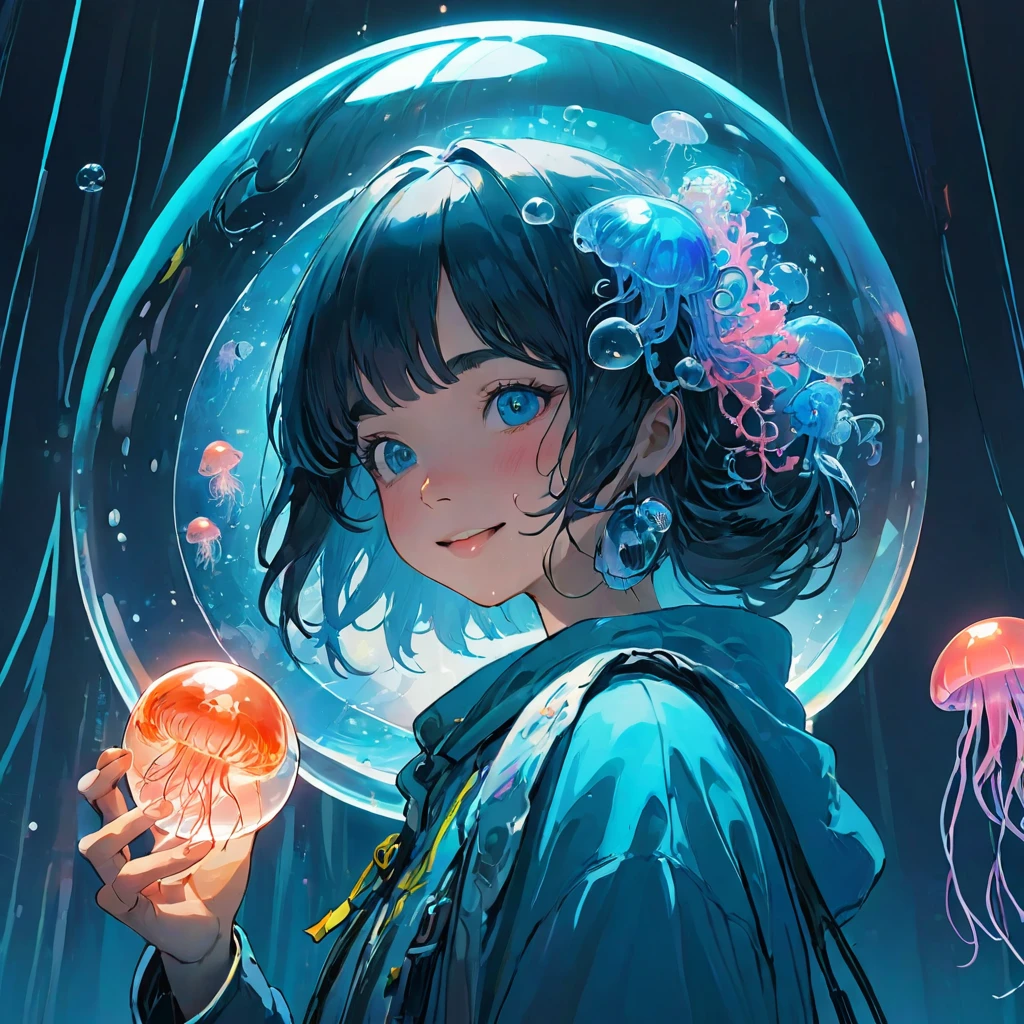 finely detailed illustration, vibrant color,High resolution、8k、pretty girl、One beautiful girl、fullbody to to the toe, happy smile、Perfect and detailed eye drawing、Highest quality、masterpiece、detailed eye and face, A person holding a glass ball with a jellyfish inside, Hologram by Beeple, Trending on CGSociety, magical realism, Cyberpunk Jellyfish, Cyberpunk Blue Lens Effect, Jellyfish Shrine Maiden, Digital Artレンダリング, Artem Demra Beeple, Spectacular concept art. Bokeh, Digital Art