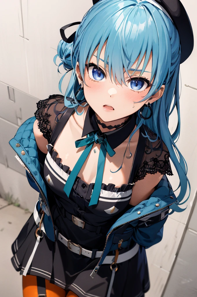 1girl, solo, detailed face,SuiseiStreet, long hair, half updo, black beret, black dress, collared dress, bow earrings, lace choker, neck ribbon, black belt, orange pantyhose, o-ring thigh strap, single garter strap, two sided jacket, off shoulder