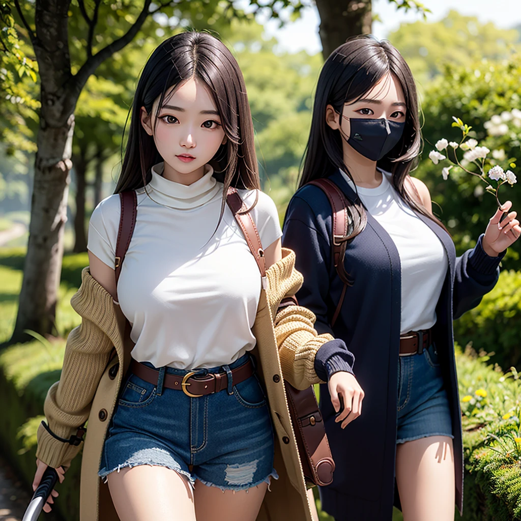 Off-shoulder sweater, Transparent body, Visible veins, Highly detailed, Upper body, one girl, young Korean woman with a Korean beautiful face, golden eyes and yellow sandy lush hair, tanned dark bronze skin, huge chest, dressed in an open coat with rolled up sleeves, a transparent unbuttoned shirt, a wide leather belt with gold yarn, leather shorts, a hiking backpack, a two-handed katana in sheathed, walking through the forest, trees with blue foliage and white flowers,
