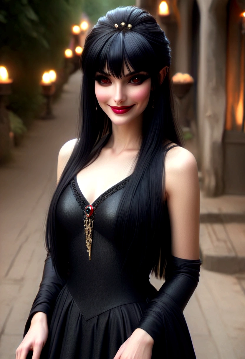 A lithe beautiful goth woman with long black hair (fringe haircut), (mature face:1.4), brass eyes, smiling sweetly, wearing a dark red elegant dress, empty candle-lit medieval street background