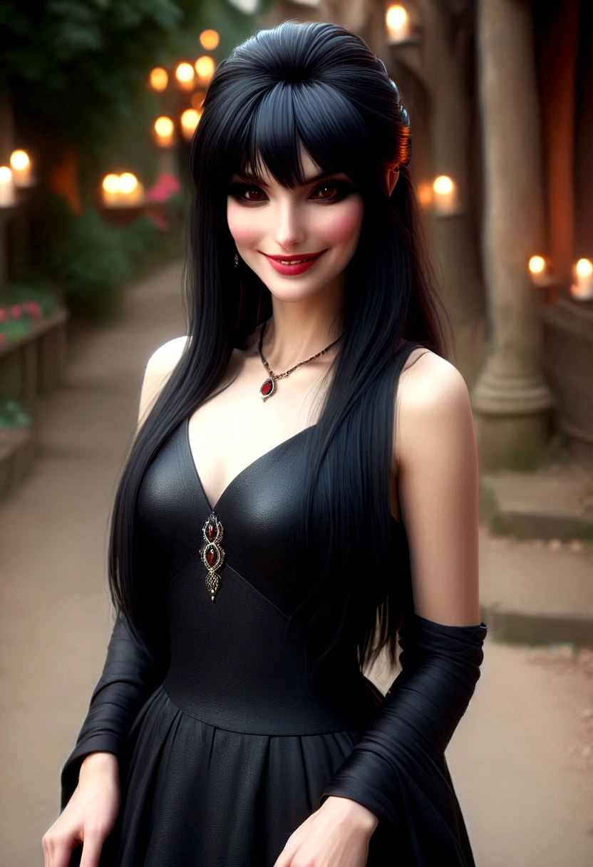 A lithe beautiful goth woman with long black hair (fringe haircut), (mature face:1.4), brass eyes, smiling sweetly, wearing a dark red elegant dress, empty candle-lit medieval street background