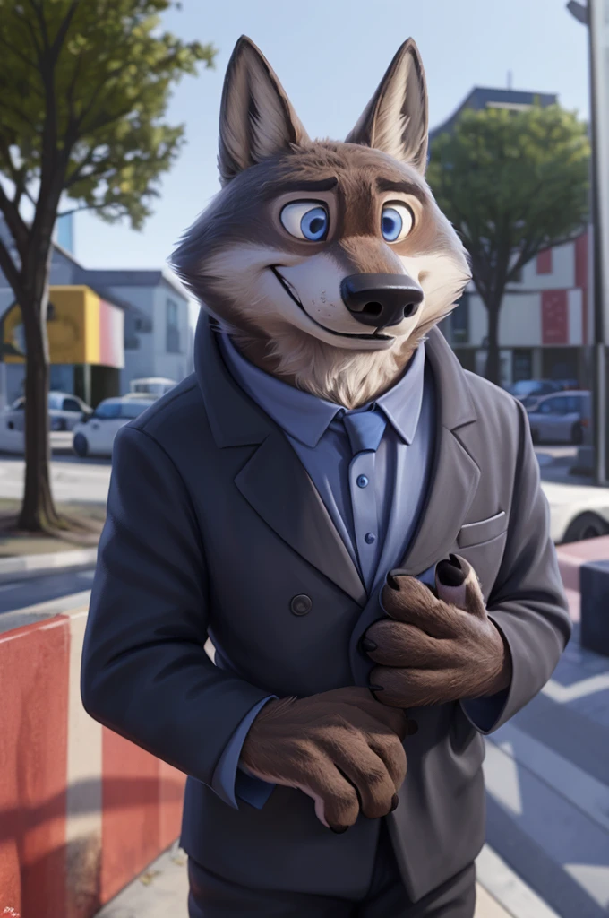 Larry (Zootopia), wolf, Gray Fur, (brown body:1.3), beautiful blue eyes, Zootopia, dressed,blazer,shirt with bow tie,trousers,canine,wolf, detailed fur, male, second, paw pads, finger claws, viewer, 5 fingers, paws, 4 toes,holds, once, close to the camera,sandals, 
BREAK from nextel, for dating, by xenoforge, (difficult, high detail,digital photography, soft focus, RAW, close to the camera, smile, positive, Good, mood, Houses, смотрит на viewer, очень close to the camera, goes on a date, 
Photorealism, realistic, photorealistic,digital style, Subsurface scattering,очень close to the camera кольцо на пальце руки,father of his daughter, 
masterpiece, Best quality, ultra realistic, 8 thousand.)