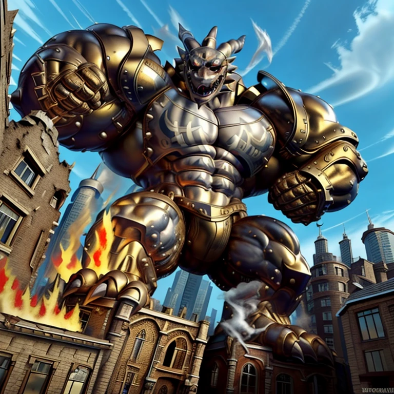 (Solo. masterpiece. official art. 8k. best quality. detailed full body. full body.)
(situation 1 : dominating exveemon. exveemon is over 1000 meters long. focus GIANT mechanical Muscular exveemon is trampling the city. Looking down. macro. stomp. Low-angle perspective. emphasizing the immense size. He is much bigger than a skyscraper. Giga Giants. looking down. foot focus, (soles:1.2))

(situation 2 :smoke and flames rising from the destruction in the city)

(Additional details 1: wearing a full-face helmet. golden armor. Armored Flazzard. Armored_Flazzard. high-tech bio-mecha armor. real texture material. whole body shines like metal.). 

(Additional details 2: (Detailed head. Detailed Body. Detailed abs. gigantic muscles. HYPER MUSCLES. Gigachad Muscular. big muscle. pecs. triceps. traps. unusually developed muscular body. body full of huge muscles. showing off muscles. pectorales enormes. Exaggeratedly huge muscles. huge muscles. long legs.).

(Additional details 3: Spread wings. It has wings. have big wings. The claws are sharp. Sharp teeth).