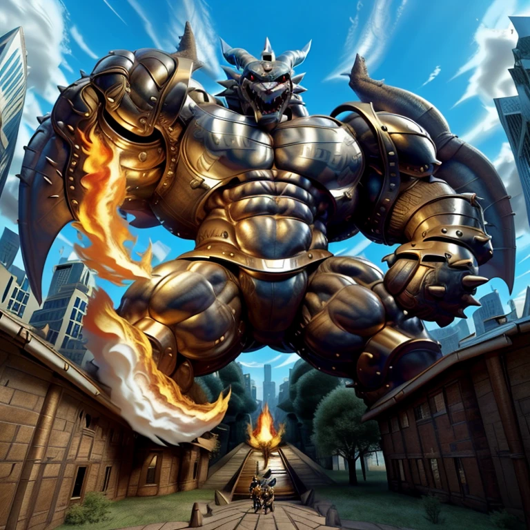 (Solo. masterpiece. official art. 8k. best quality. detailed full body. full body.)
(situation 1 : dominating exveemon. exveemon is over 1000 meters long. focus GIANT mechanical Muscular exveemon is trampling the city. Looking down. macro. stomp. Low-angle perspective. emphasizing the immense size. He is much bigger than a skyscraper. Giga Giants. looking down. foot focus, (soles:1.2))

(situation 2 :smoke and flames rising from the destruction in the city)

(Additional details 1: wearing a full-face helmet. golden armor. Armored Flazzard. Armored_Flazzard. high-tech bio-mecha armor. real texture material. whole body shines like metal.). 

(Additional details 2: (Detailed head. Detailed Body. Detailed abs. gigantic muscles. HYPER MUSCLES. Gigachad Muscular. big muscle. pecs. triceps. traps. unusually developed muscular body. body full of huge muscles. showing off muscles. pectorales enormes. Exaggeratedly huge muscles. huge muscles. long legs.).

(Additional details 3: Spread wings. It has wings. have big wings. The claws are sharp. Sharp teeth).