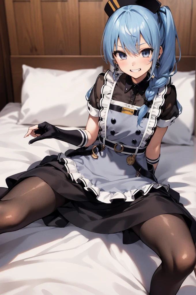 1girl, solo, detailed face, , , SuiseiMaid, long hair, single braid, black nurse cap, double-breasted grey apron, chest belt, elbow gloves, crinoline, (((black pantyhose))),,,,looking viewer,side ponytail,small breasts,on bed,open legs,spread legs,,grin