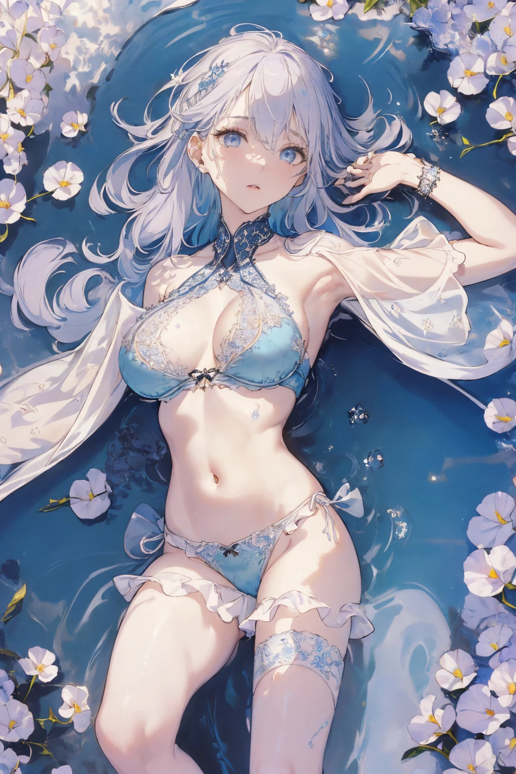 (water photo:1.1, in blue waterfront garden:1.5), Masterpiece, best quality, (very detailed CG unity 8k wallpaper), (best quality), High definition RAW color art, Animation,sculptures, (black Marble Skin), (((Ultra detailed elegant))), Magical atmosphere, Detailed skin, Texture,(Intricately detailed, Fine detail, ultra-detail art), depth of fields, bokeh, Silky Touch, Hyper Detail, beautiful eyes, Elegant Face, (lying on pastel white waterfront, morning glory), sparkle background, enormous breast:1.3, (silver hair), pastel purple, embarrassing red face, wide open udder, shorthair, nsfw frill bikini, fat, upper body