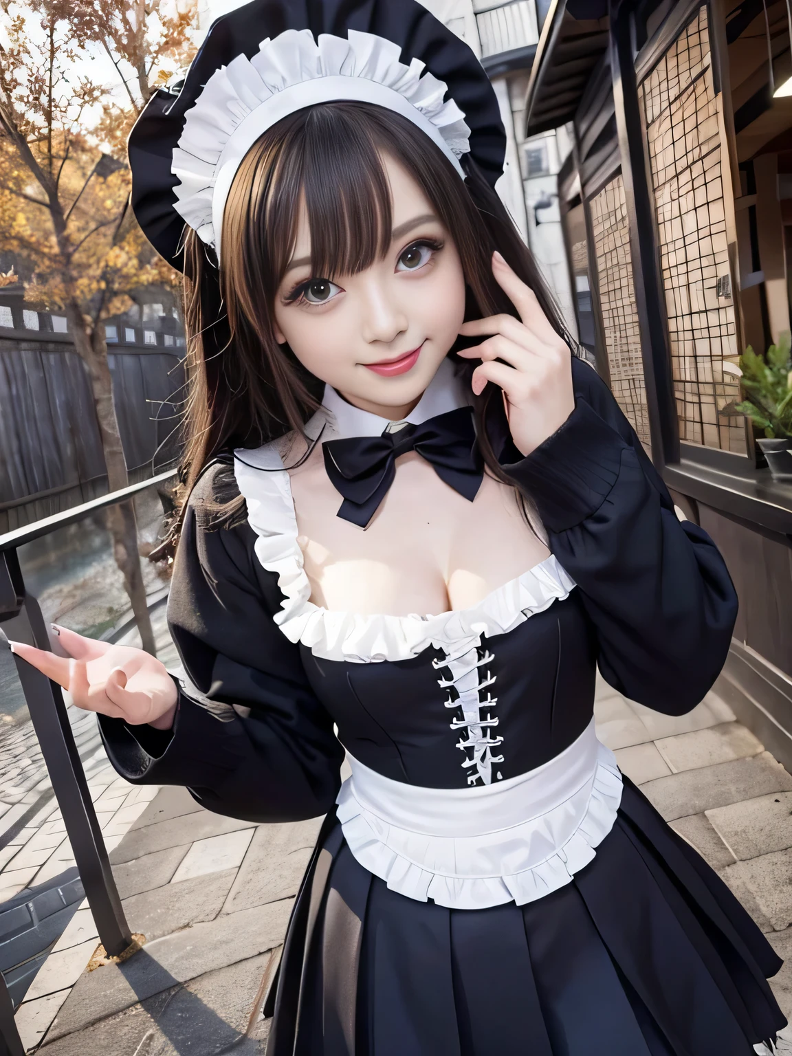 Short Bob、(Full body portrait:1.5)、18-year-old、smile、Laugh with your mouth open、Childish、Thighs、Slim and flat chested、Small breasts、Highest quality,masterpiece,Ultra-high resolution,(Actual:1.4),Original photo,Ultra-high resolution，8K，There are also women，Gothic Lolita Uniform、Maid Costume Cosplay、Japanese temple scenery、With confidence, Beautiful and generous，Please lift up your skirt and show me your pants.、
