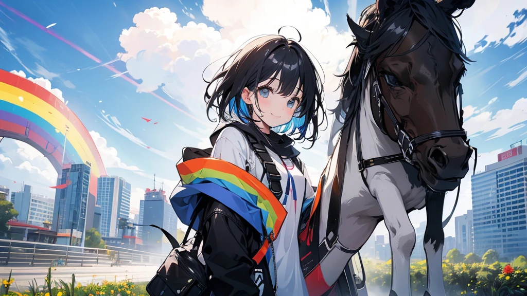 There is a girl in a park with a rainbow。Looking at me and smiling