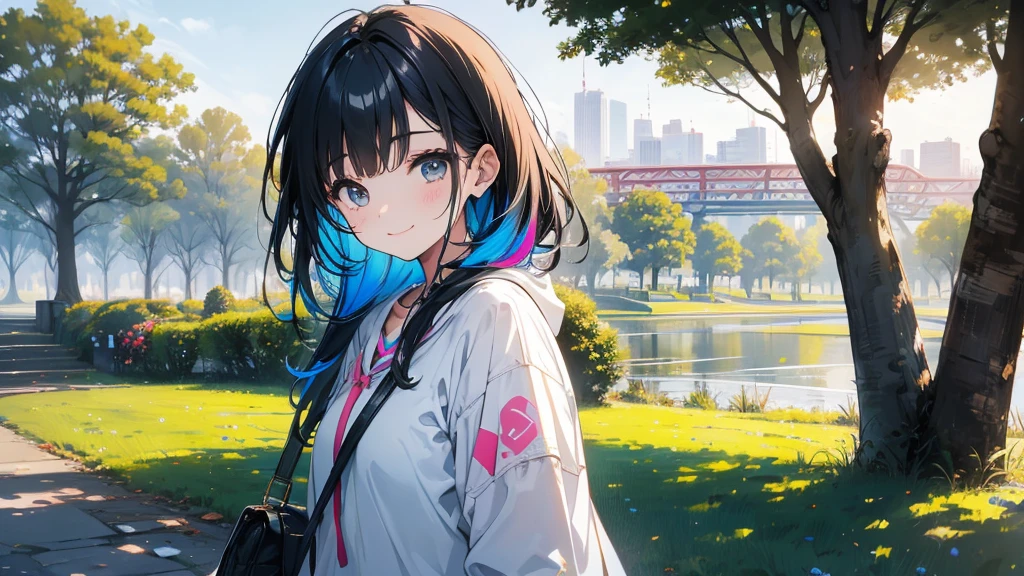 There is a girl in a park with a rainbow。Looking at me and smiling