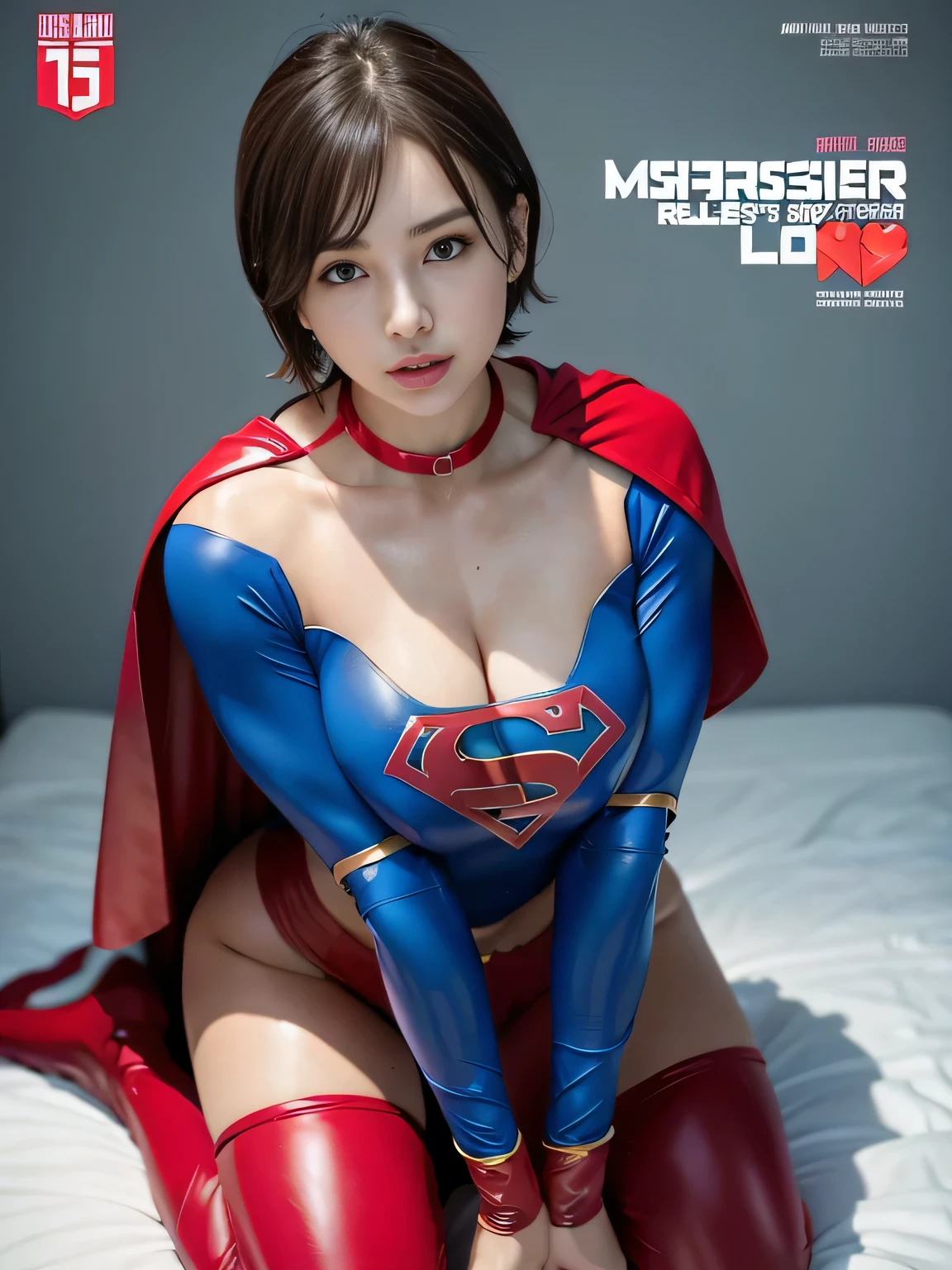 masterpiece、Rubber Supergirl Costume、short hair、Rubber Long Boots、Big and ample breasts、shiny sweaty skin、looking at the camera、choker、Long sleeve、Sexy poses to seduce、Off the shoulder、latex、from right in front、athlete、Racing Bloomers、Red Cape、Muscle training、Beautiful thighs、Photo magazine cover、operating table、Kneeling、