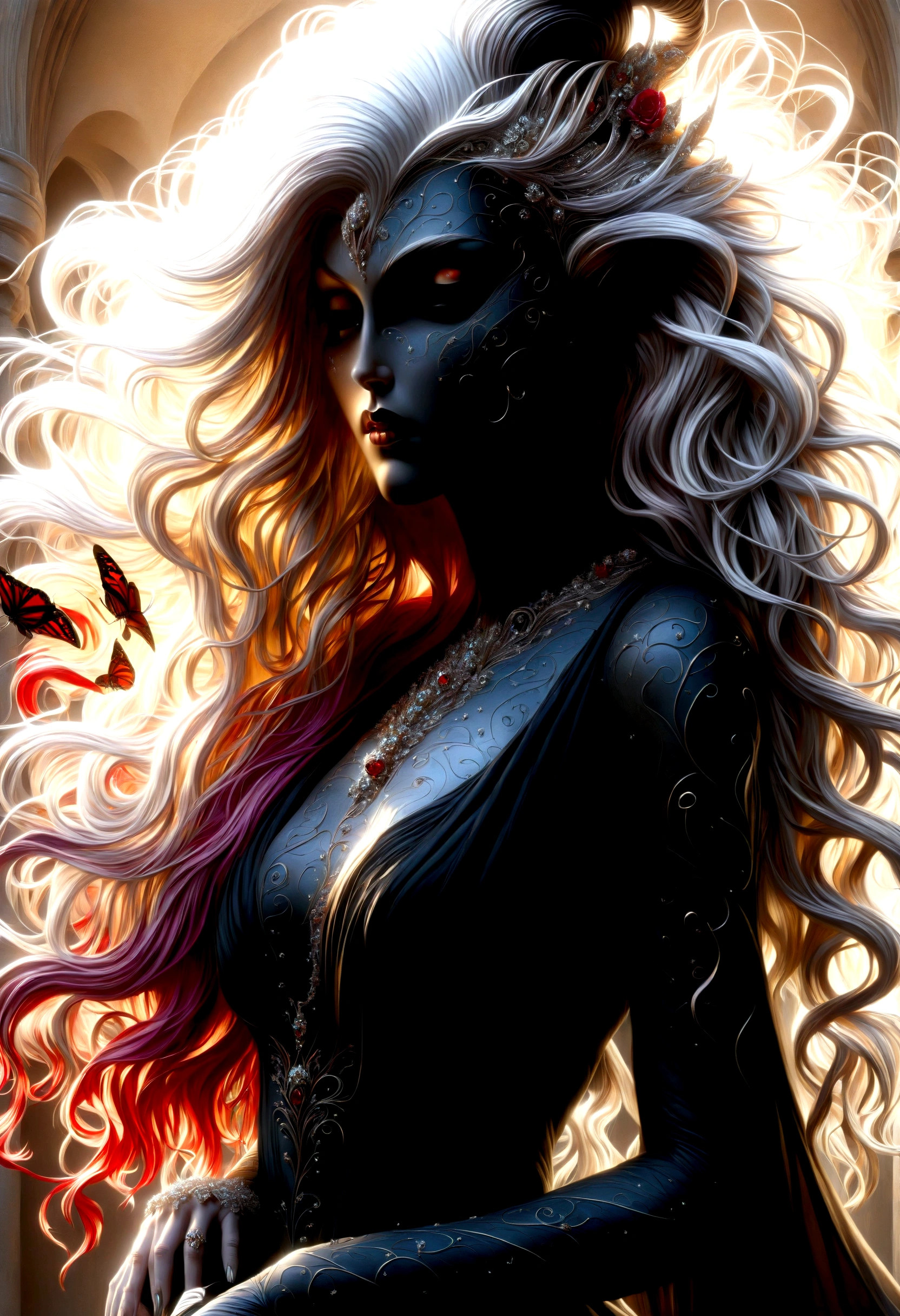 Masterpice ,Eternal Hunger as a central figure with piercing eyes, Lustful Wish in the form of a seductive glance, Desire as a subtle touch between two entities, Endless Vampiric Struggle depicted with a fierce battle, Tiring Eternity shown through weary expressions, all unified in a six-part poster, each image flowing seamlessly into the next, bioluminescent accents throughout, complex 3D render, hyper-realistic textures and skin, volumetric lighting casting an ethereal
create a digital image perfect eyes  Hyper Detailed portrait, very  pretty  young girl, thick white hair long light billowing dress intricate black and ruby red floral design, floral accents, very long hair 1,8,
long sleeves} (((art by Mandy Disher Michael Garmash, Frank Frazetta, ))Background iridescent  black color and red  wire fractal swirling lines, Detailed,photorealistic, Vibrant, Sharp Focus, Character Design, Wlop, Artgerm, Kuvshinov, Character Design, Shiny Aura, 32k, golden ratio ,Masterpice ,award winningHighly Detailed, Dynamic Pose, Intricate Motifs, Organic Tracery, Perfect Composition, Warm Dreamy Tones, Digital Painting, Artstation, Smooth, Sharp Focus, Illustration, Award Winning Style & Composition)))
Golden ratio Woman in red and black dress paired with complex lace, embarrassed expression, long lilac hair flowing, close up, vibrant composition, digital painting, vibrant colors, ultra detailed