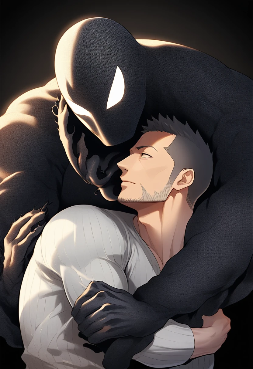 anime characters:priapus, He was kissed by black venom, He is wrapped in black tentacles, bundle, Wrapped in mucus, Affectionate embraces, Crazy kissing, Touching wantonly, Muscular Spider-Man, male focus, Upper body, Buzz Cut, aged leather texture, He wears a White tights, small grid texture, spiderman mask, Spider-Man logo, muscular male, Extra large breasts, only, alone, Black background, simple background, amazing quality, best aesthetics, Ridiculous, crew cut, drop shadow, best quality
