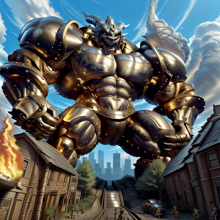 (Solo. masterpiece. official art. 8k. best quality. detailed full body. full body.)
(situation 1 : dominating exveemon. exveemon is over 1000 meters long. focus GIANT mechanical Muscular exveemon is trampling the city. Looking down. macro. stomp. Low-angle perspective. emphasizing the immense size. He is much bigger than a skyscraper. Giga Giants. looking down. foot focus, (soles:1.2))

(situation 2 :smoke and flames rising from the destruction in the city)

(Additional details 1: wearing a full-face helmet. golden armor. Armored Flazzard. Armored_Flazzard. high-tech bio-mecha armor. real texture material. whole body shines like metal. Wearing cyberpunk mecha. emphasizes the muscles. suit fully made of metal. intricate armor. Robotic suit. suit fully made of metal. cyborg. He is wearing a golden cloak.). FantasyKnightV1

(Additional details 2: (Detailed head. Detailed Body. Detailed abs. gigantic muscles. HYPER MUSCLES. Gigachad Muscular. big muscle. pecs. triceps. traps. unusually developed muscular body. body full of huge muscles. showing off muscles. pectorales enormes. Exaggeratedly huge muscles. huge muscles. long legs.).

(Additional details 3: Spread wings. It has wings. have big wings. The claws are sharp. Sharp teeth).