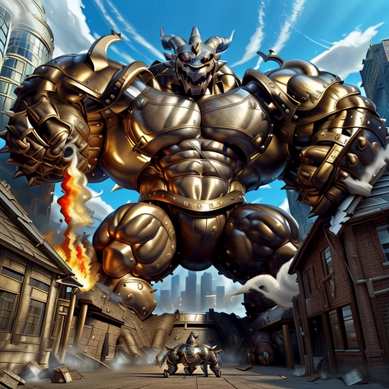 (Solo. masterpiece. official art. 8k. best quality. detailed full body. full body.)
(situation 1 : dominating exveemon. exveemon is over 1000 meters long. focus GIANT mechanical Muscular exveemon is trampling the city. Looking down. macro. stomp. Low-angle perspective. emphasizing the immense size. He is much bigger than a skyscraper. Giga Giants. looking down. foot focus, (soles:1.2))

(situation 2 :smoke and flames rising from the destruction in the city)

(Additional details 1: wearing a full-face helmet. golden armor. Armored Flazzard. Armored_Flazzard. high-tech bio-mecha armor. real texture material. whole body shines like metal. Wearing cyberpunk mecha. emphasizes the muscles. suit fully made of metal. intricate armor. Robotic suit. suit fully made of metal. cyborg. He is wearing a golden cloak.). FantasyKnightV1

(Additional details 2: (Detailed head. Detailed Body. Detailed abs. gigantic muscles. HYPER MUSCLES. Gigachad Muscular. big muscle. pecs. triceps. traps. unusually developed muscular body. body full of huge muscles. showing off muscles. pectorales enormes. Exaggeratedly huge muscles. huge muscles. long legs.).

(Additional details 3: Spread wings. It has wings. have big wings. The claws are sharp. Sharp teeth).