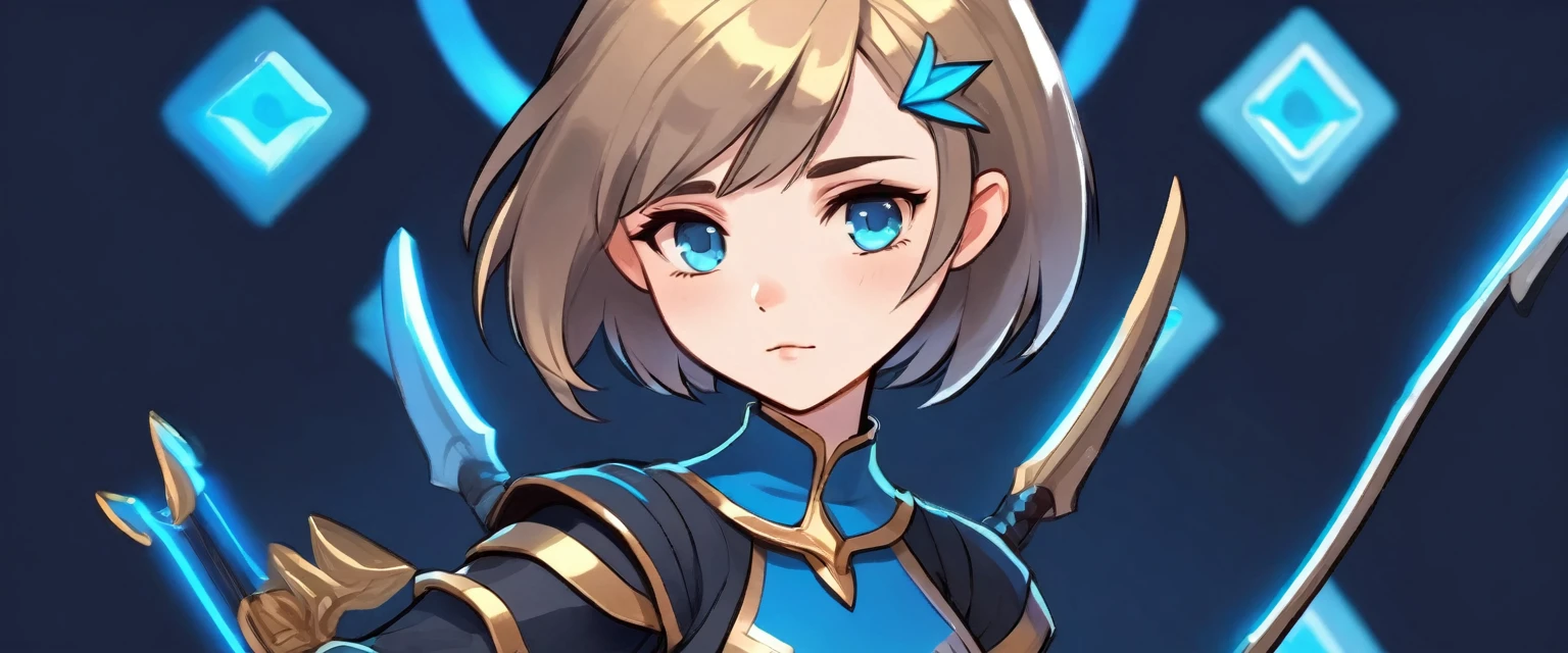 girl with dark blonde hair, bob hairstyle, wearing blue and black archer outfit, gold silver, girl, fair skin, glowing skin,
