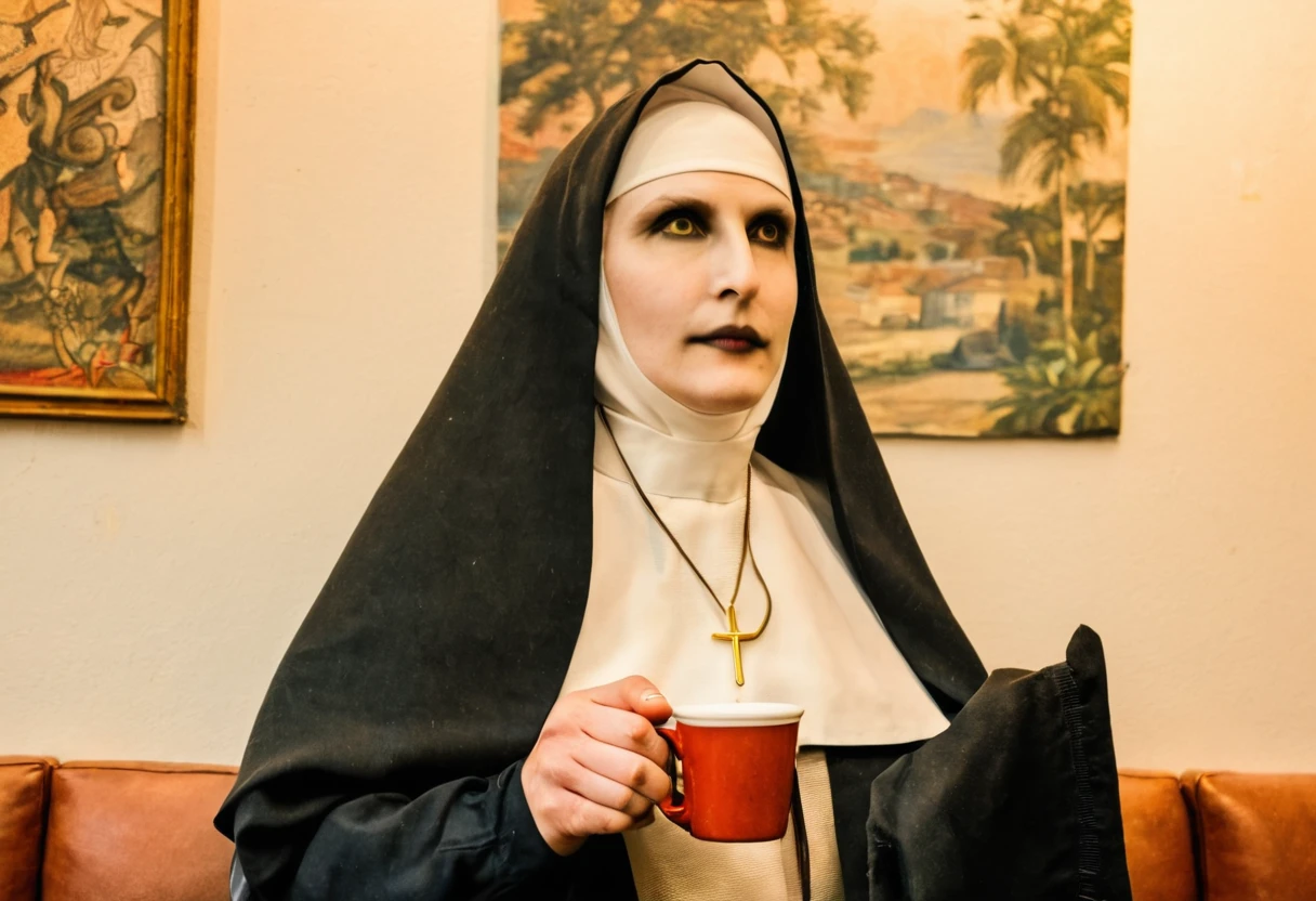 A woman is drinking coffee with Valak at a vintage cafe
