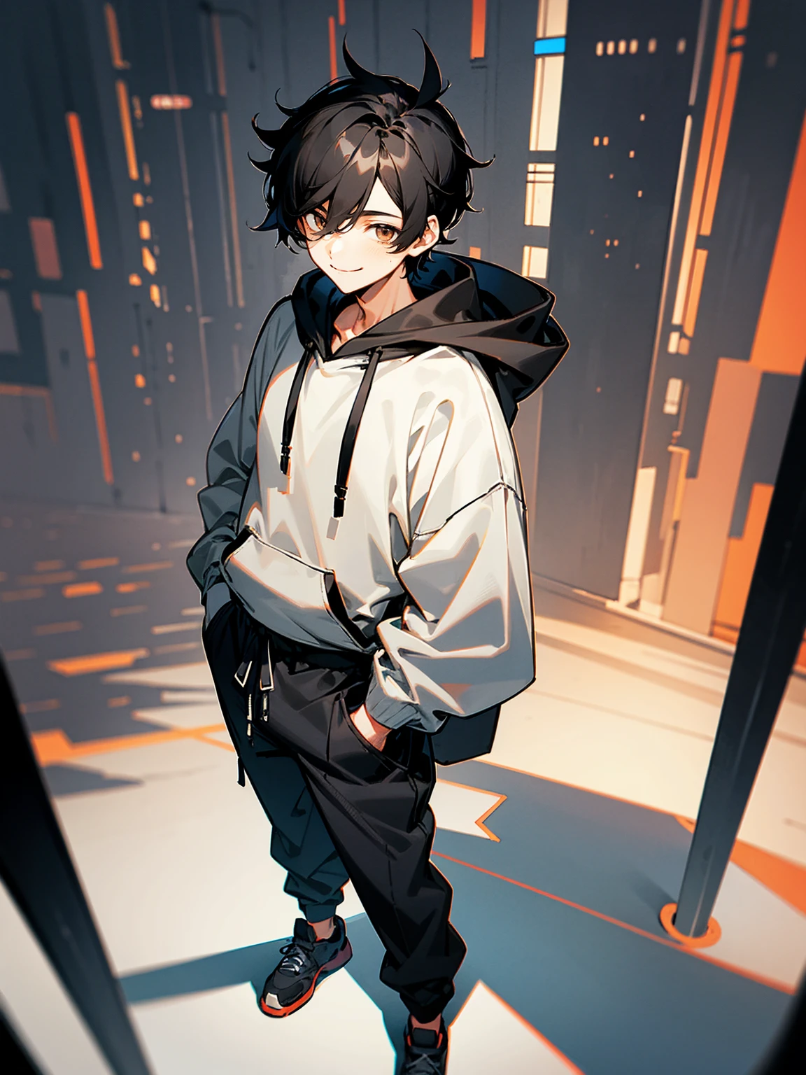 1male,black hair, sideswept hair, brown eyes, black and white hoodie, black baggy pants, smile, modern city. standing on path