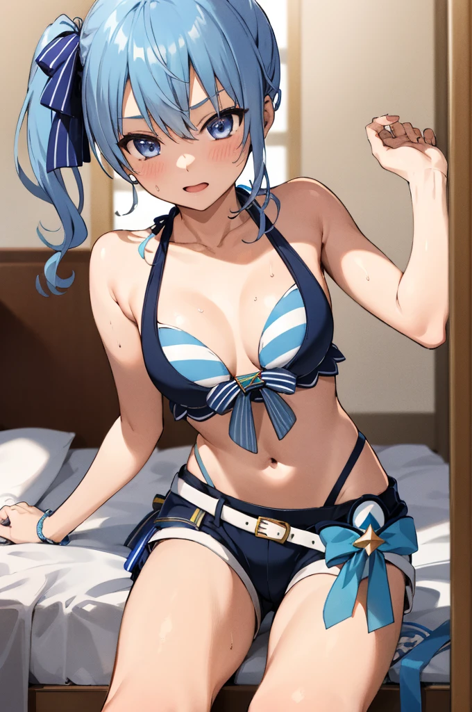 1girl, solo, detailed face, SuiseiSummer, side ponytail, hololive summer 2023 swimsuit, layered bikini, blue bikini, striped bikini, bikini shorts,nsfw,indoor