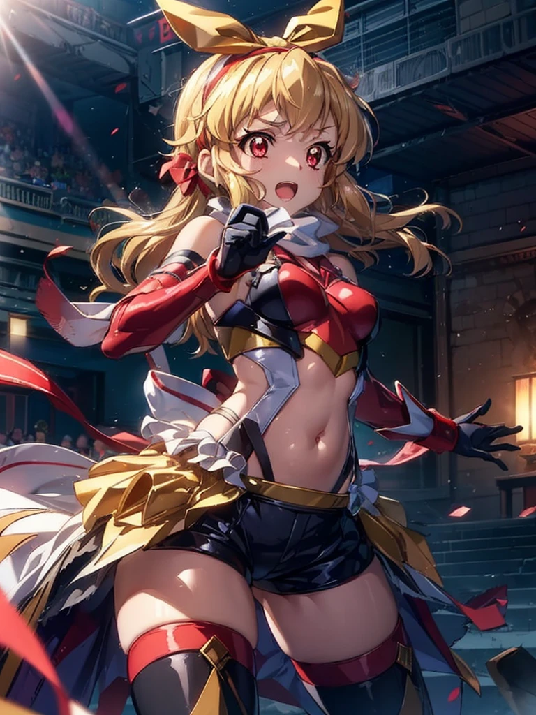 (RED Ribbon on HAIRband:1.2),aikatsu,1 girls,in senki zesshou symphogear style , Blonde long hair,black and RED battle suit,BREAK,ultra-definition, high resolution, ultra-detail CG,caustics, Live stage, in front of super large vision, singing, Battle pose,thgear, 1girl, solo, tachibana hibiki (symphogear), medium breasts, navel, headgear, gloves, gauntlets, body suit, shorts, white scarf,Ichigo Hoshimiya (Aikatsu!)