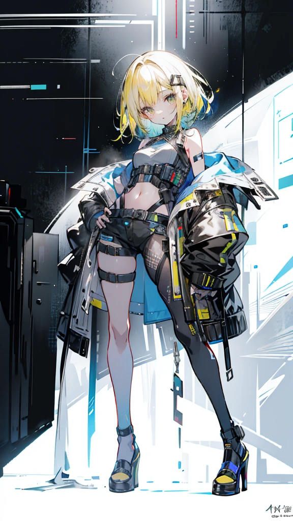 1 girl, short yellow hair, cyberpunk, Alice in Wonderland, black high heels, hand in pocket, best quality, 4k, 8k, highres, masterpiece:1.2, ultra-detailed, realistic, photorealistic, photo-realistic:1.37, HDR, UHD, studio lighting, ultra-fine painting, sharp focus, physically-based rendering, extreme detail description, professional, vivid colors, bokeh, concept art